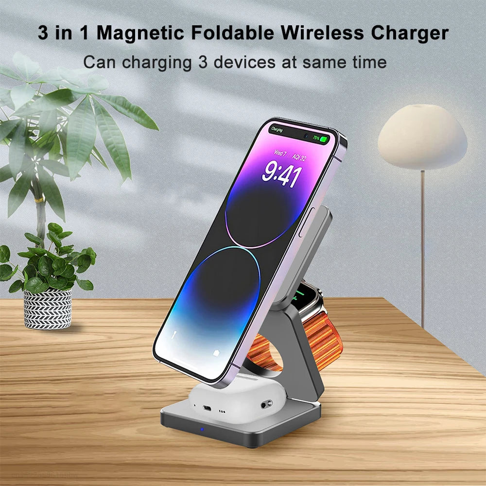 3 in 1 Wireless Charger Stand Magnetic Foldable Wireless Charging Station for iPhone 15 14 13 12 Pro Max Apple Watch 8 9 Charger